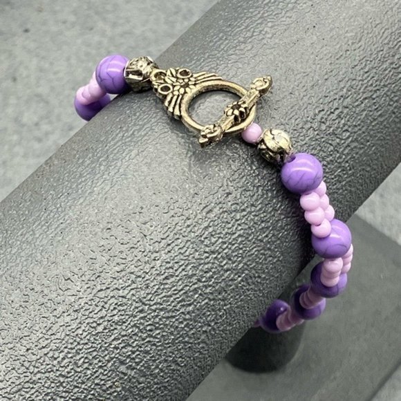 Toggle Bracelet 8 In Silver Flower Marbled Purple Lilac Round Bead Retro Cottage - Picture 4 of 8